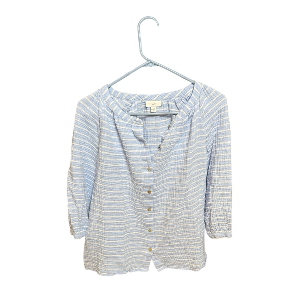 J.Jill Blue Striped 3/4 Sleeve Shirt Button Down Cotton Size S